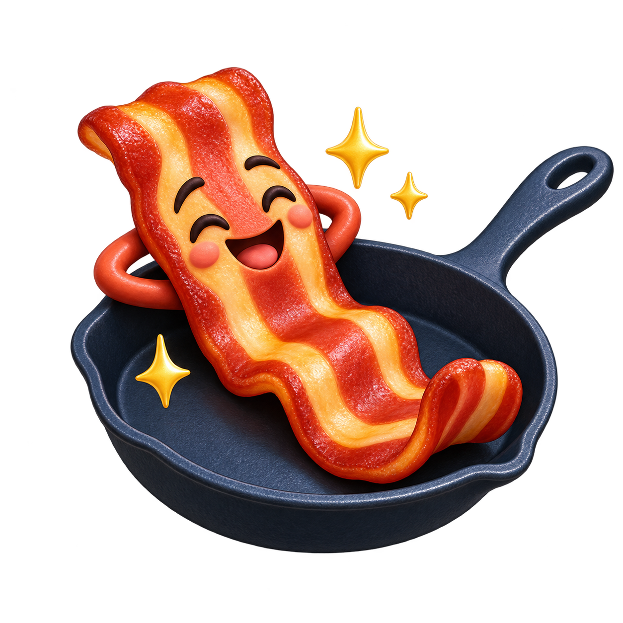 A happy bacon strip relaxing in a frying pan